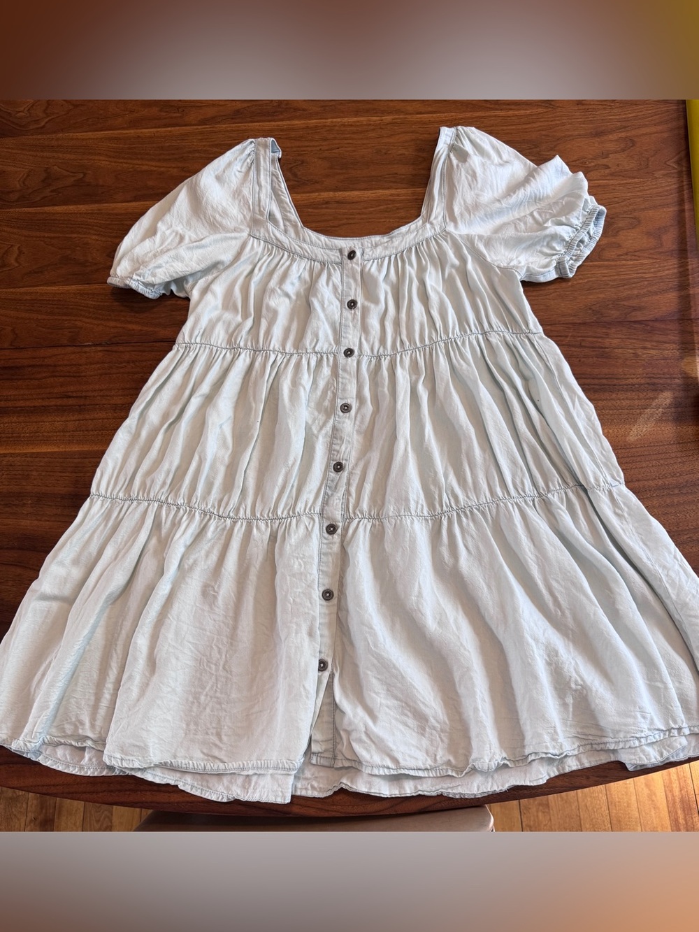 Elan Lyocell Pale Blue Baby Doll Dress with Pull sleeves and Tiers, EUC Sz S